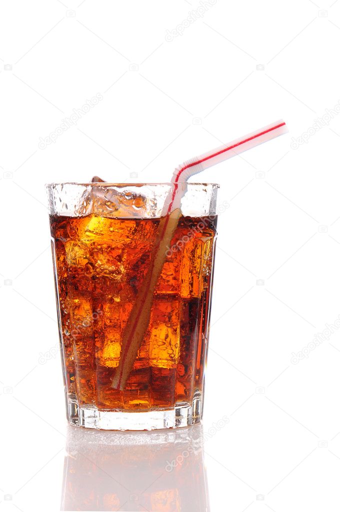 Close up of a glass of cola and Ice with straw