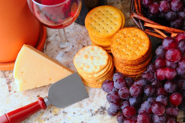 stock image Wine, cheese and crackers still life