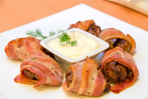 Roll of bacon and chicken liver — Stock Photo, Image