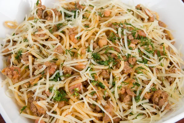Pasta Meat Greens Closeup Tasty Dish — Stock Photo, Image