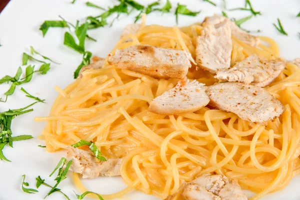 Pasta with chicken meat — Stock Photo, Image