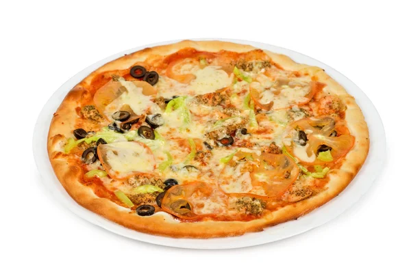 Pizza Mariscos Primer Plano Con Salmón Camarones Tomate Pimienta Oliva — Foto de Stock