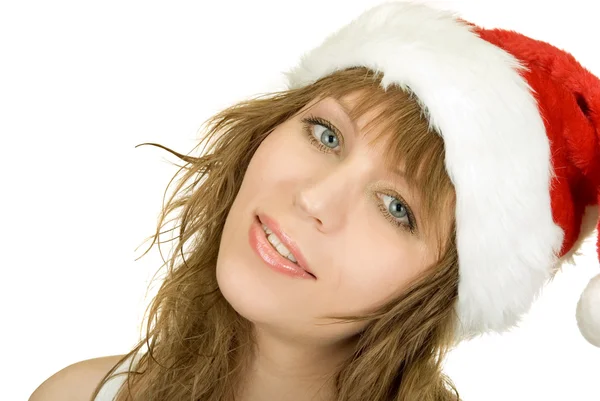 Glücklich Hübsche Weihnachtsfrau Auf Tannen Hintergrund — Stockfoto