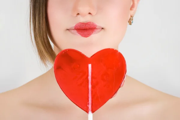 Heart Lips Pretty Woman Closeup Heart Lollipop — Stock Photo, Image