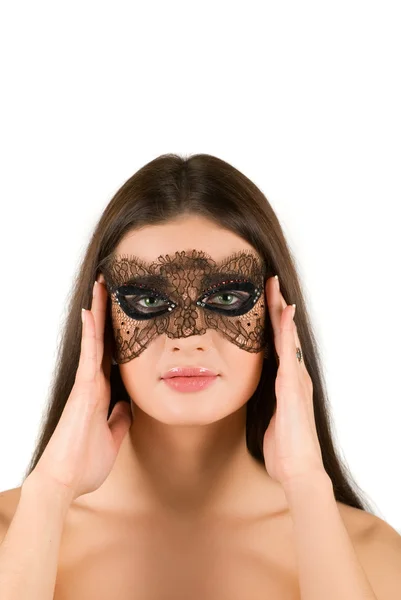 Girl Mask Closeup White Background — Stock Photo, Image