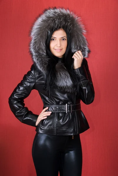 Beautiful Woman Fur Coat Red Background — Stock Photo, Image