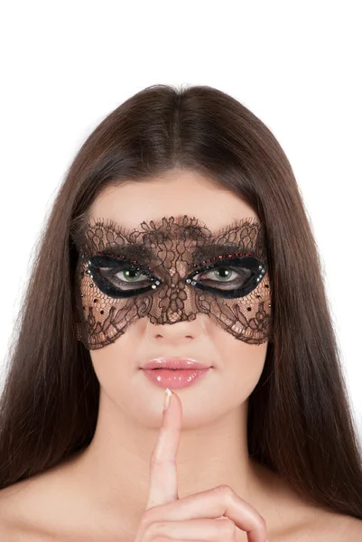 Menina Closeup Máscara Fundo Branco — Fotografia de Stock