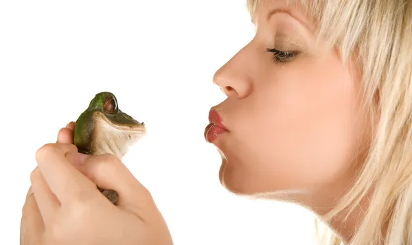 Frog Prince Being Kissed Beautiful Blond Girl — Stock Photo, Image