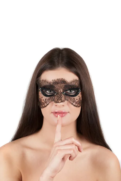 Meisje Het Masker Close Een Witte Achtergrond — Stockfoto