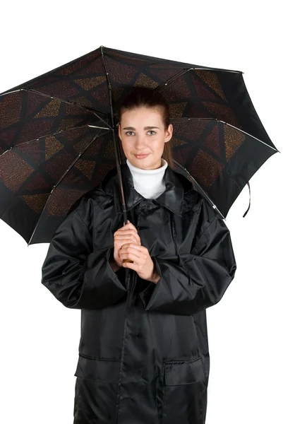 Pretty Brunette Girl Black Coat Umbrella — Stock Photo, Image