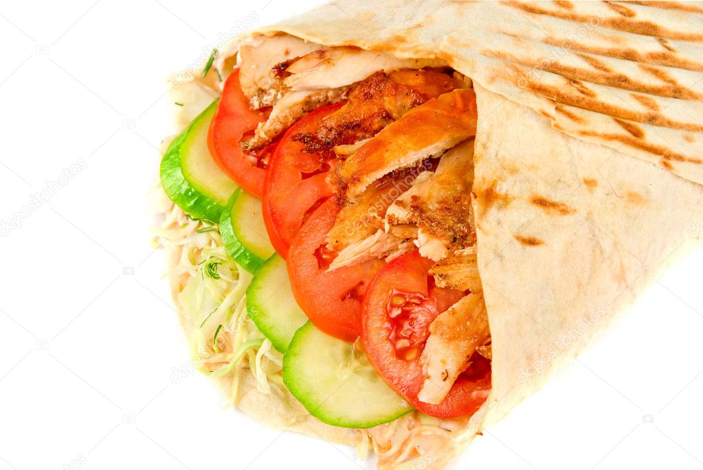 Doner kebab closeup on a white background.