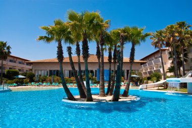 Hotel swimming pool with the palm island clipart