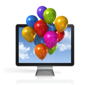 Multi colored balloons in a 3D tv screen clipart