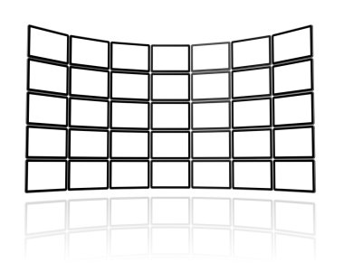 3D Video wall made of flat tv screens, isolated on white. With 2 clipping paths : global scene clipping path and screens clipping path to place your designs or clipart