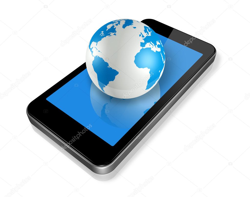 Three dimensional mobile phone and world globe isolated on white whith clipping path