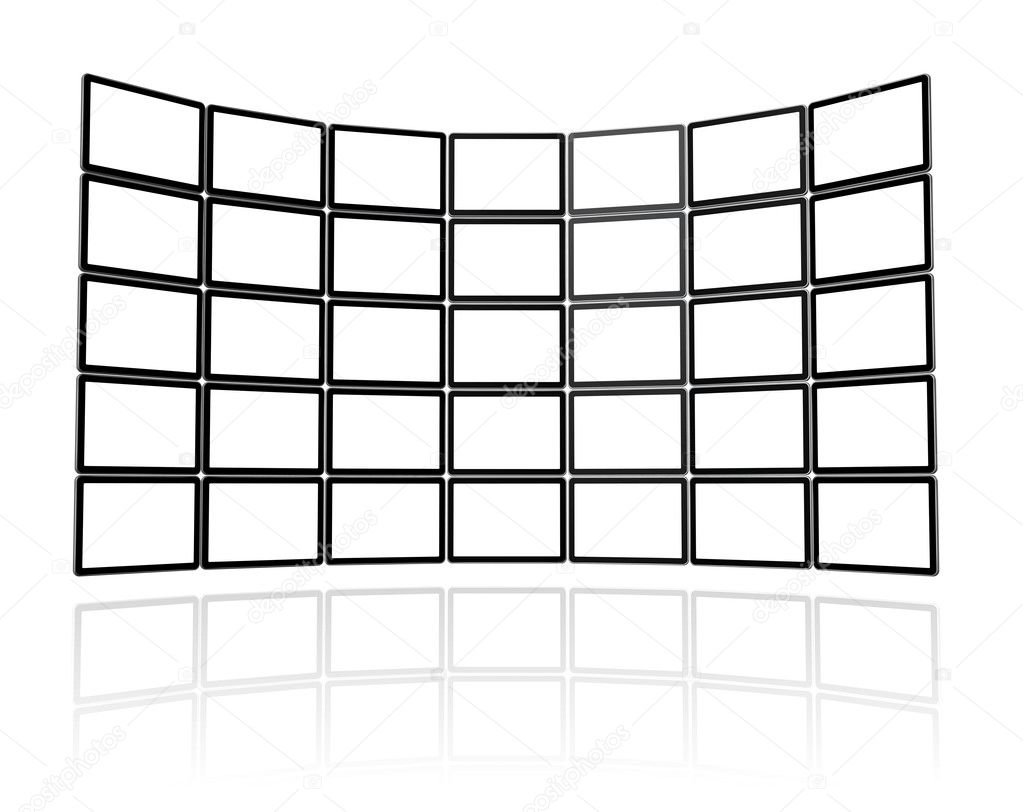 3D Video wall made of flat tv screens, isolated on white. With 2 clipping paths : global scene clipping path and screens clipping path to place your designs or