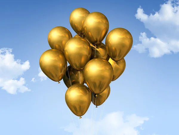 黄金气球漂浮在一片蓝天 — 图库照片