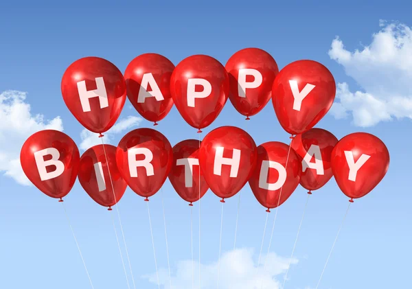 Rode gelukkige verjaardag ballonnen in de lucht — Stockfoto
