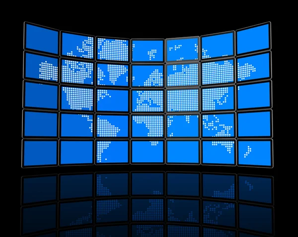 视频墙的平板电视屏幕与孤立在黑色的世界地图 剪切路径 全球现场剪切路径和剪切路径放置你的 的屏幕 — 图库照片