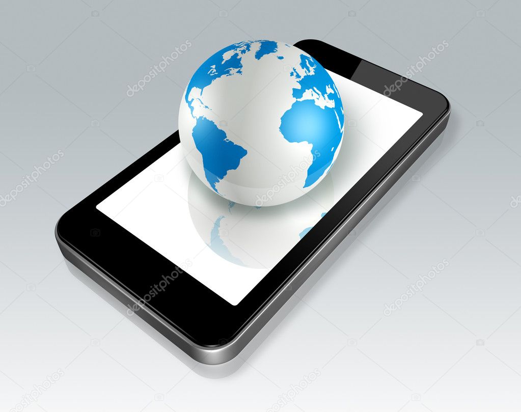 Three dimensional mobile phone and world globe isolated on gray whith clipping path