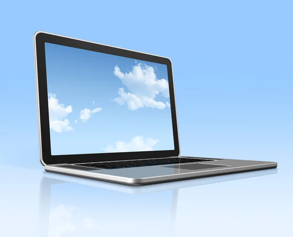Φορητό υπολογιστή με οθόνη ουρανό που απομονώνονται σε μπλε — Φωτογραφία Αρχείου