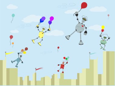 Robots Carrying balloons float up into the air clipart