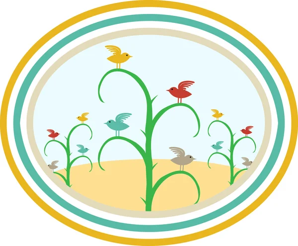 Aves sobre tallos en campo enmarcadas en círculos coloridos . — Vector de stock