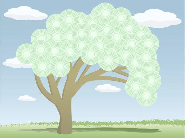 Träd med abstrakt cirkel lämnar ensam i gräsbevuxna fält — Stock vektor