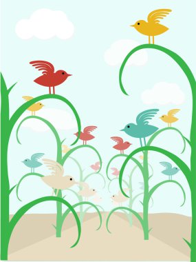 Row of birds sitting on stalks clipart