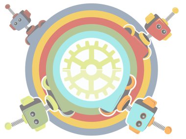 Four Robots inside rainbow circle gear at center clipart