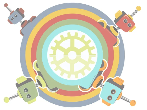 Τέσσερα ρομπότ εντός ουράνιο τόξο κύκλου εργαλείων στο κέντρο — Διανυσματικό Αρχείο