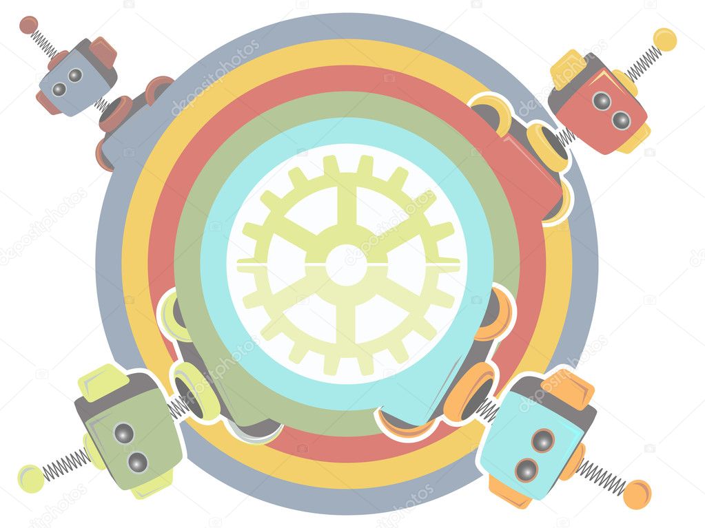 Four Robots inside rainbow circle gear at center