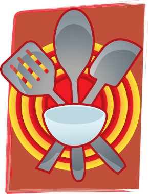 Baking Utensils grouped together in front of bulls eye like abstract backgr clipart