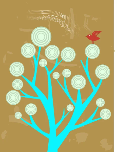 单红鸟唱歌坐抽象树顶 — 图库矢量图片