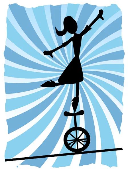 Силуэт женщины балансирующей на одноколесном велосипеде по веревке — стоковый вектор