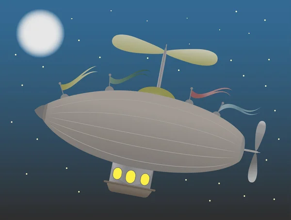 月面図に向かって上昇する茶色のファンタジー飛行船 — ストックベクタ