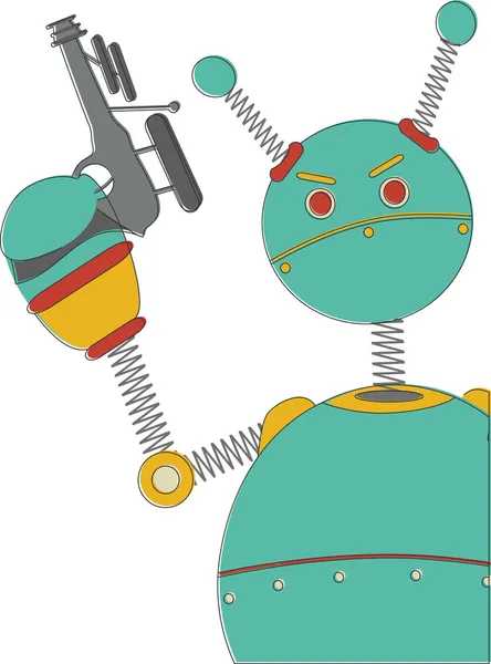Wütender Roboter mit Science-Fiction-Waffe in Retro-Vintage-Farben. — Stockvektor