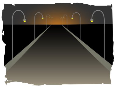 Long endless highway accented by street lamps rising setting sun clipart