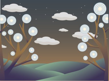 Abstract trees surrounding hill countryside night stars clipart