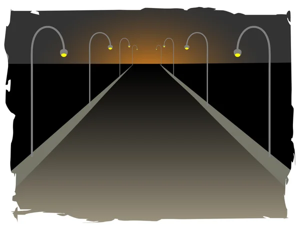 Lange endlose Autobahn akzentuiert durch Straßenlaternen aufgehende untergehende Sonne — Stockvektor