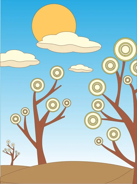 Φωτεινά χρωματισμένα αφηρημένη τοπίο του δέντρα και ήλιος περιγράμματος σκίτσο στυλ — Διανυσματικό Αρχείο