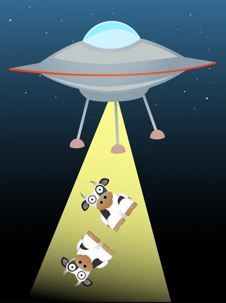 Ufo rayonnant deux vaches dans un rayon de lumière — Image vectorielle