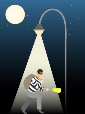 Thief creeping under full moon street lamp clipart