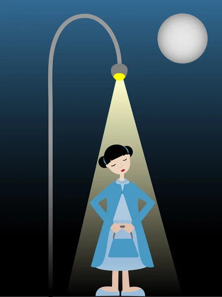 Shy Girl standing alone under Street Lamp — Stock Vector