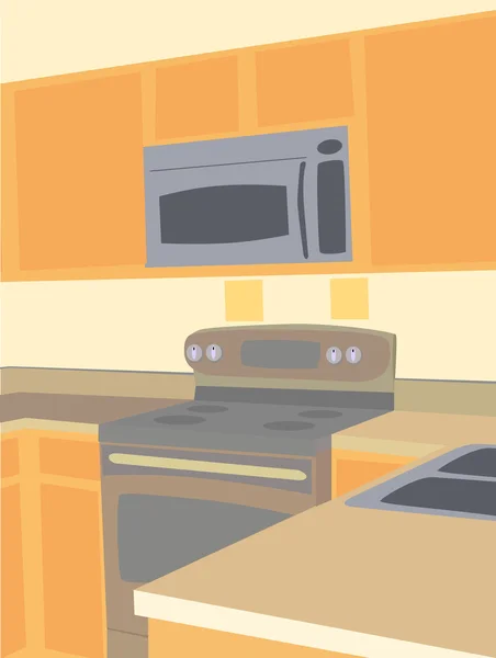 Corner könyök nézet az üres konyhában mikrohullámú sütő és tűzhely pult tetők — Stock Vector