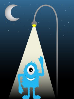 Blue Furry One Eyed Creature Standing Under Street Lamp Waving clipart