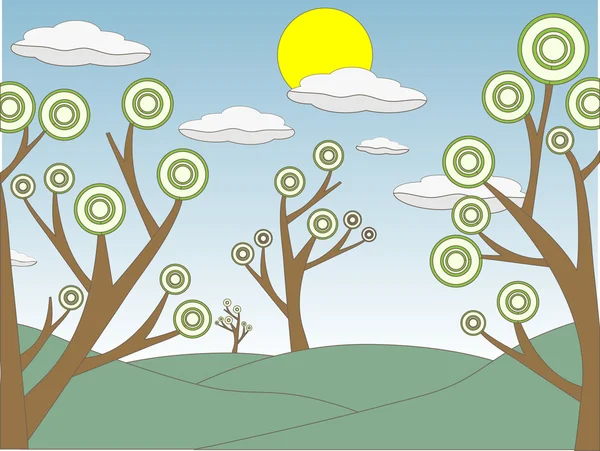抽象的な輪郭を描かれた木の丘の田舎太陽雲 — ストックベクタ