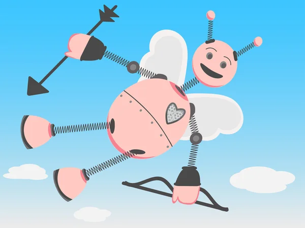 Έρως ρομπότ που πετά στον ουρανό μέρα με το τόξο και τα βέλη — Διανυσματικό Αρχείο