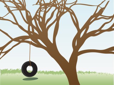 Tire swings hangs from leafless tree in grass field daytime clipart