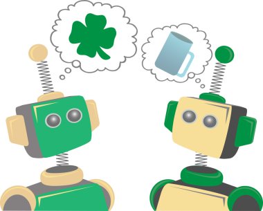 Green and yellow robots think about saint patrick's day drinking editable illustration clipart